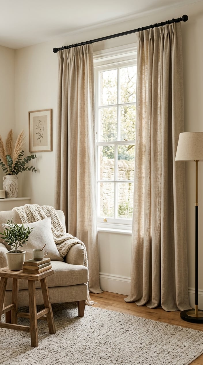 A cozy living room with oatmeal-colored linen blackout curtains, a comfortable armchair, wooden side table with a plant, and warm natural light coming through a large window.