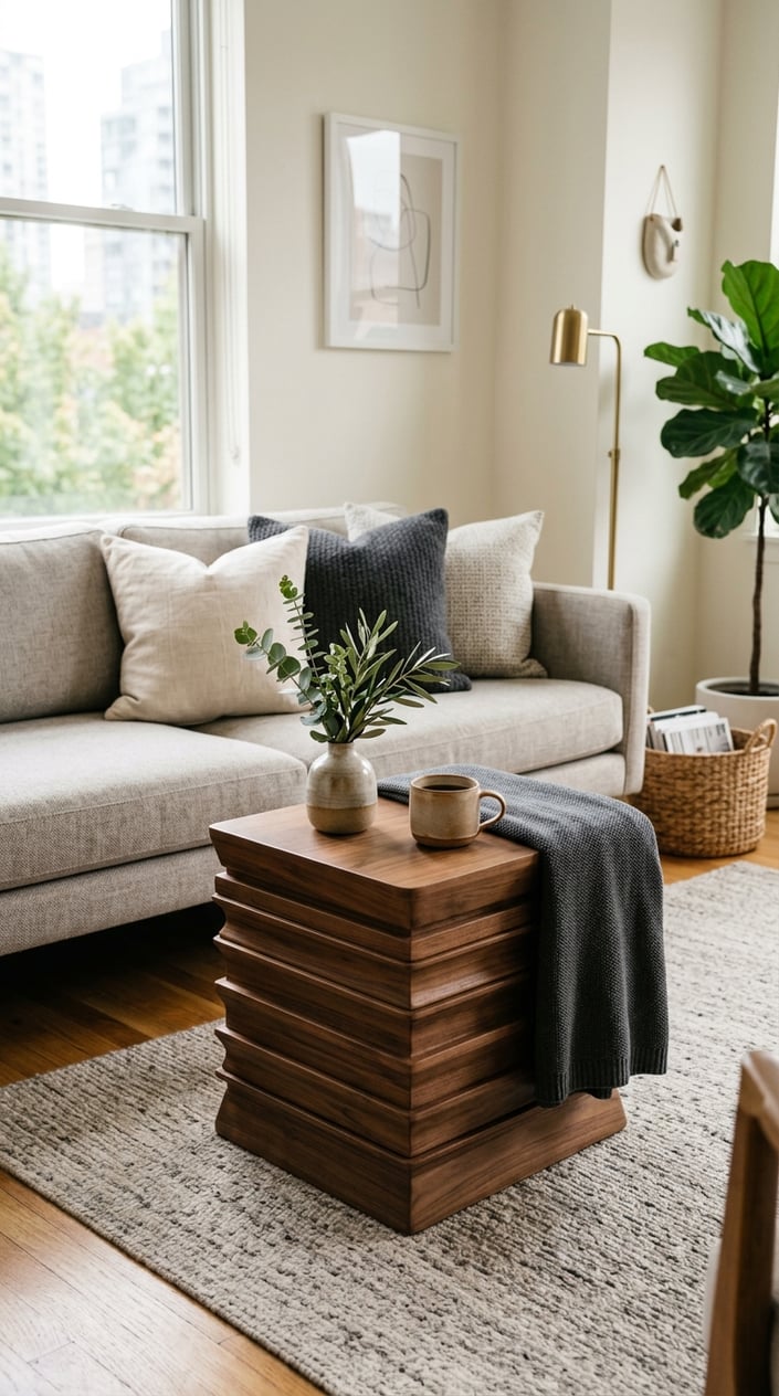 A cozy living room corner with a sculptural stacked book coffee table, a sofa with pillows, and natural light coming through a window.