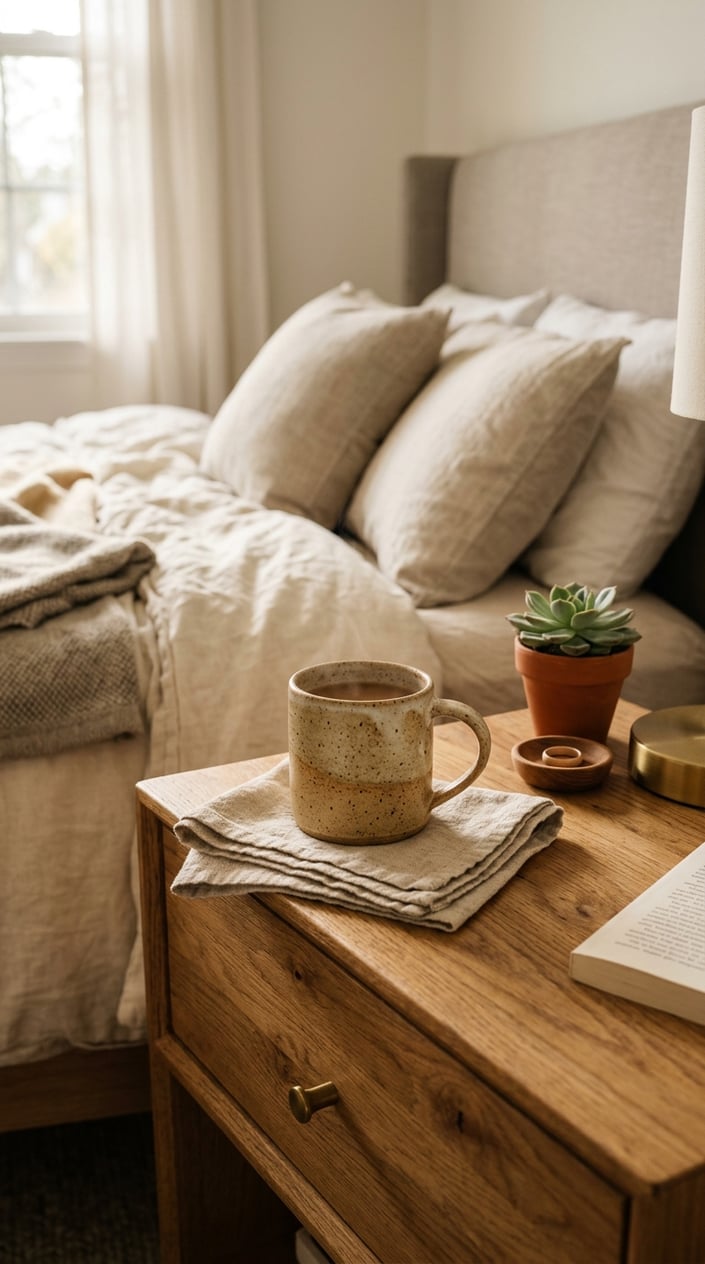 A hand-thrown pottery mug sitting on a wooden nightstand with a small plant and a folded cloth in a cozy bedroom.