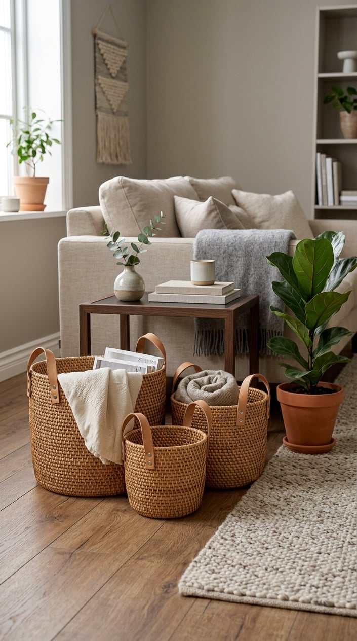 Wicker storage baskets with leather handles arranged on a wooden floor next to a rug, surrounded by cozy home decor including a plant and a small table.