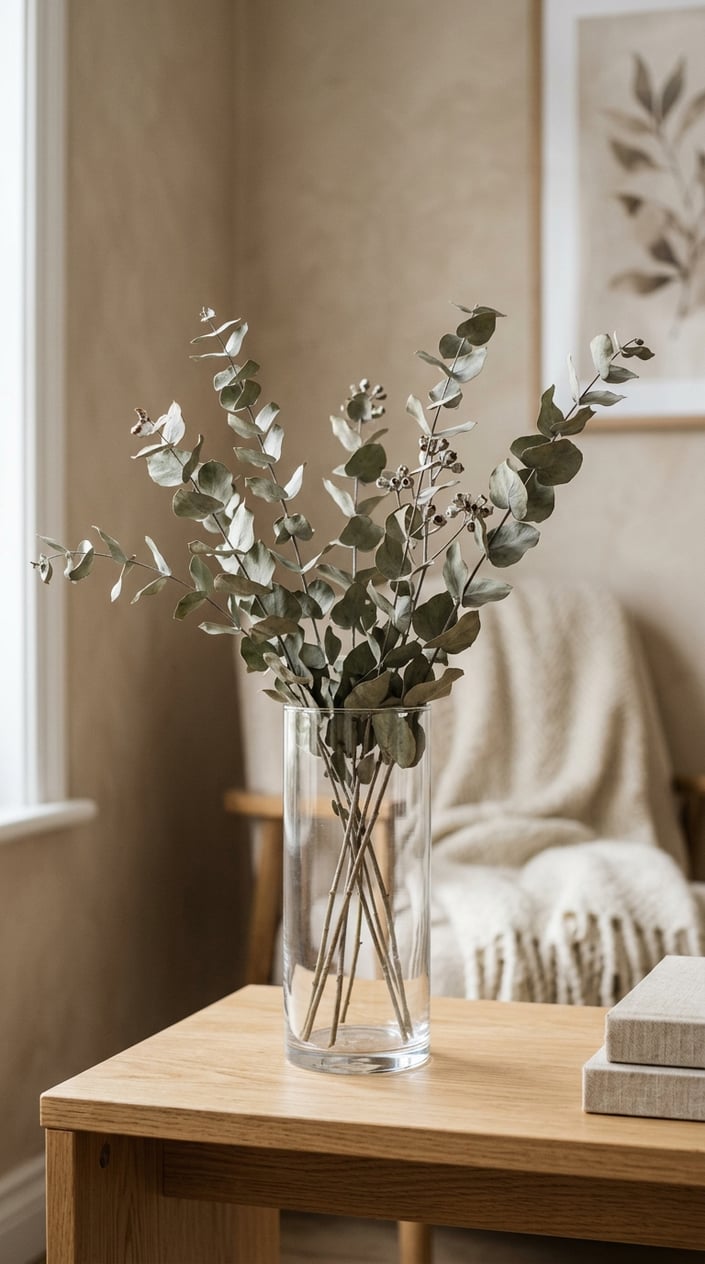 A small bundle of dried eucalyptus stems in a clear glass vase on a wooden surface in a cozy room.