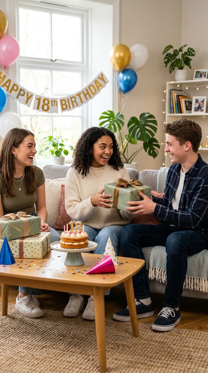 Three friends celebrating an 18th birthday indoors with one friend giving a wrapped gift to the birthday girl, who looks happy and surprised.