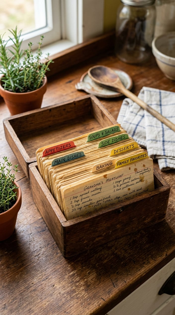 A wooden recipe box filled with handwritten recipe cards on a kitchen countertop with herbs and kitchen utensils nearby.