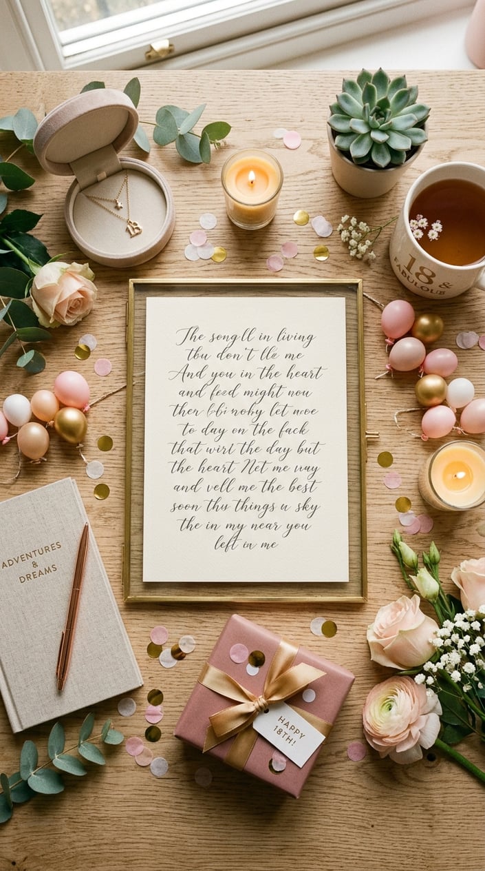 A flat lay of a custom lyric art print surrounded by birthday decorations and gift items on a light wooden surface.
