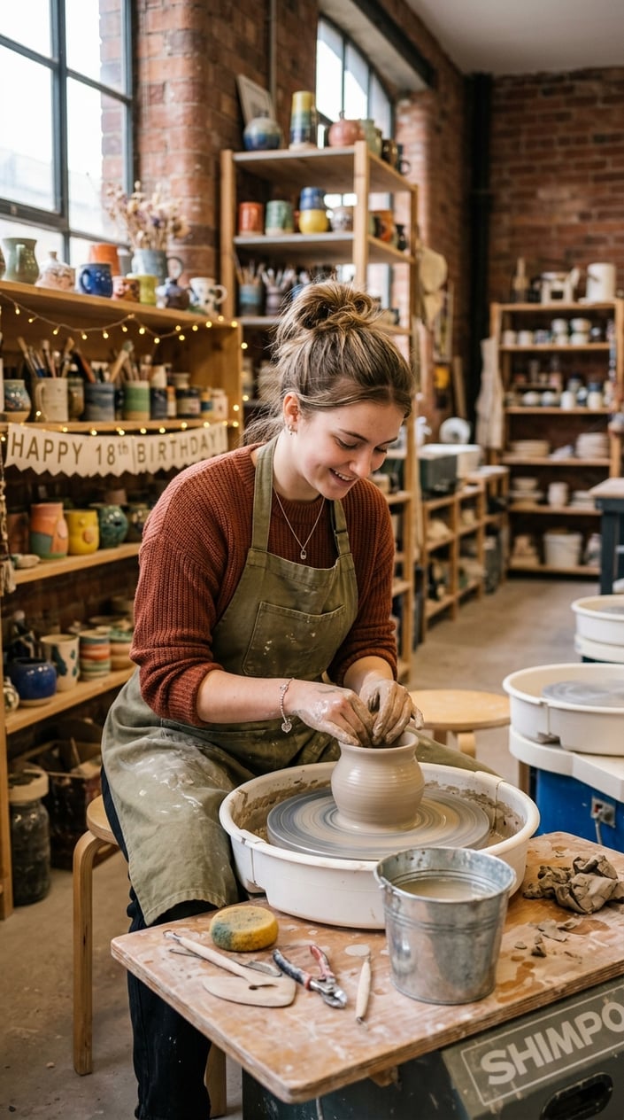 A young woman shaping clay on a pottery wheel in a cozy studio during a private pottery session.