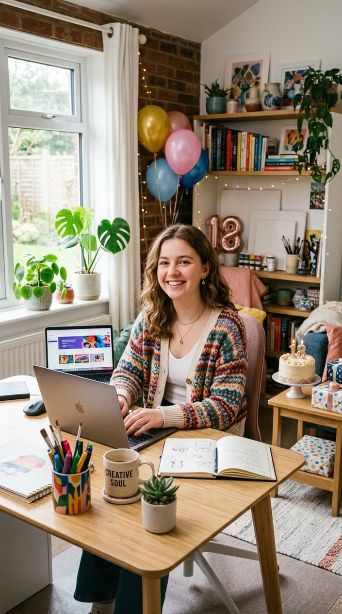 A young woman celebrating her 18th birthday at a desk, smiling while using a laptop in a bright, decorated room.