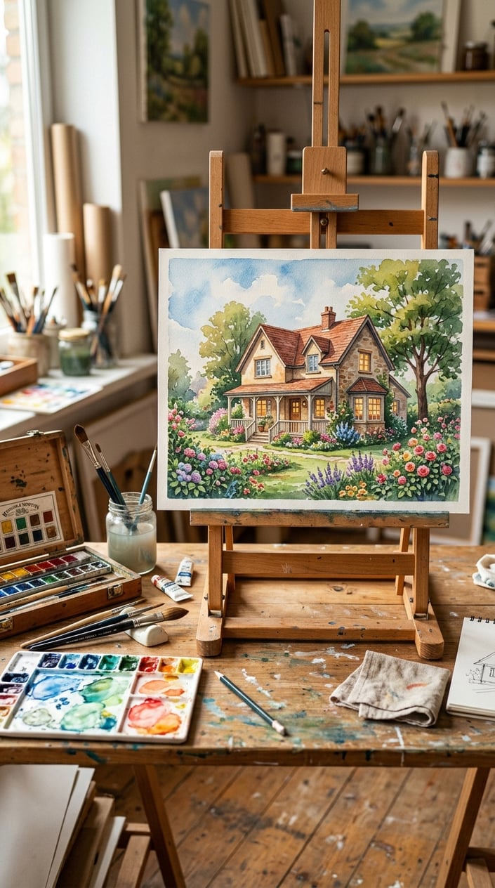 A hand-painted watercolor portrait of a cozy childhood home displayed on an easel in an artist's studio.