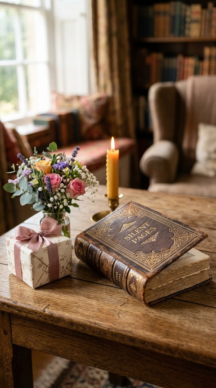 A vintage first edition book on a wooden table surrounded by a small gift box, flowers, and a candle.
