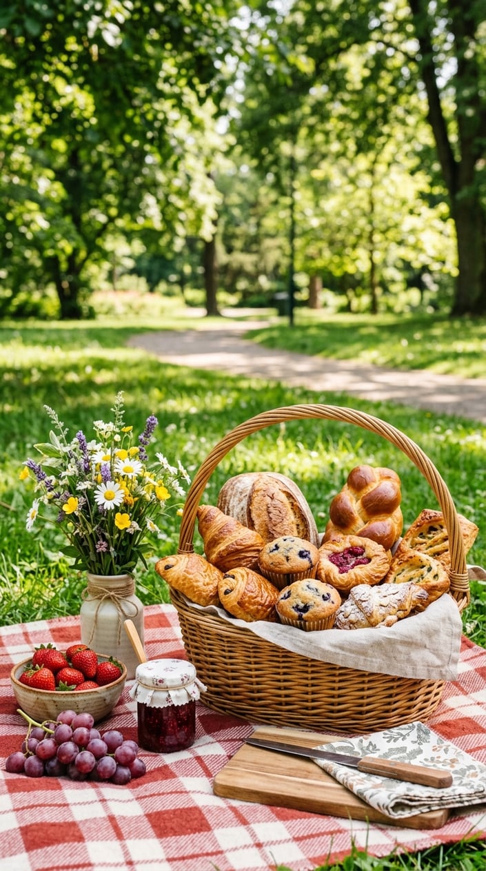 A picnic basket filled with assorted local bakery goods placed on a checkered blanket outdoors with fresh fruits and flowers nearby.