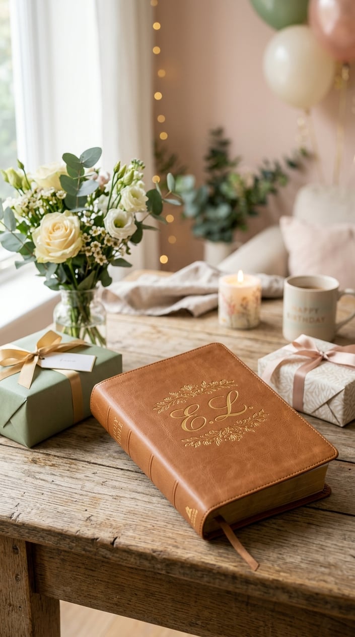 A personalized leather Bible cover with gold initials on a wooden table surrounded by wrapped gifts and flowers.