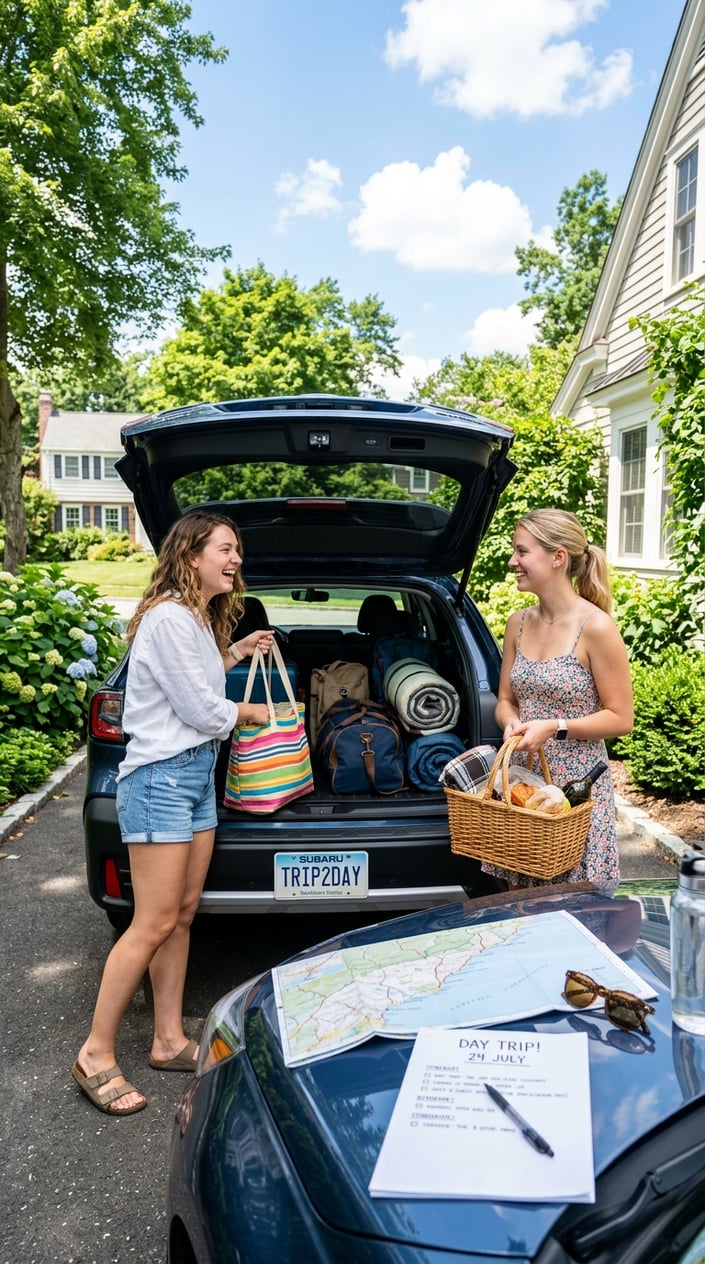 Two young women packing a car and preparing for a day trip on a sunny day in a suburban driveway.