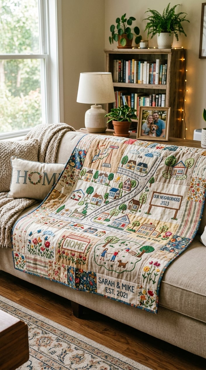 A custom embroidered quilt with colorful patterns spread on a couch in a cozy living room.