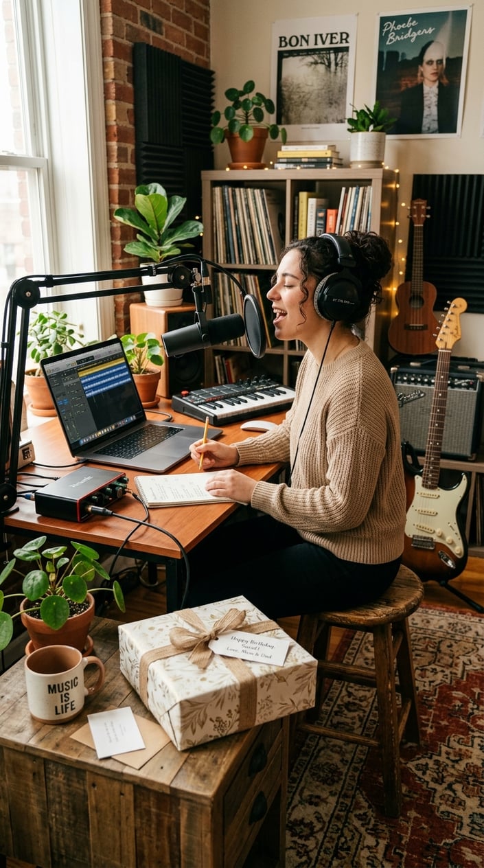 A young woman singing into a microphone in a cozy home studio with musical instruments and a wrapped birthday gift on a table nearby.