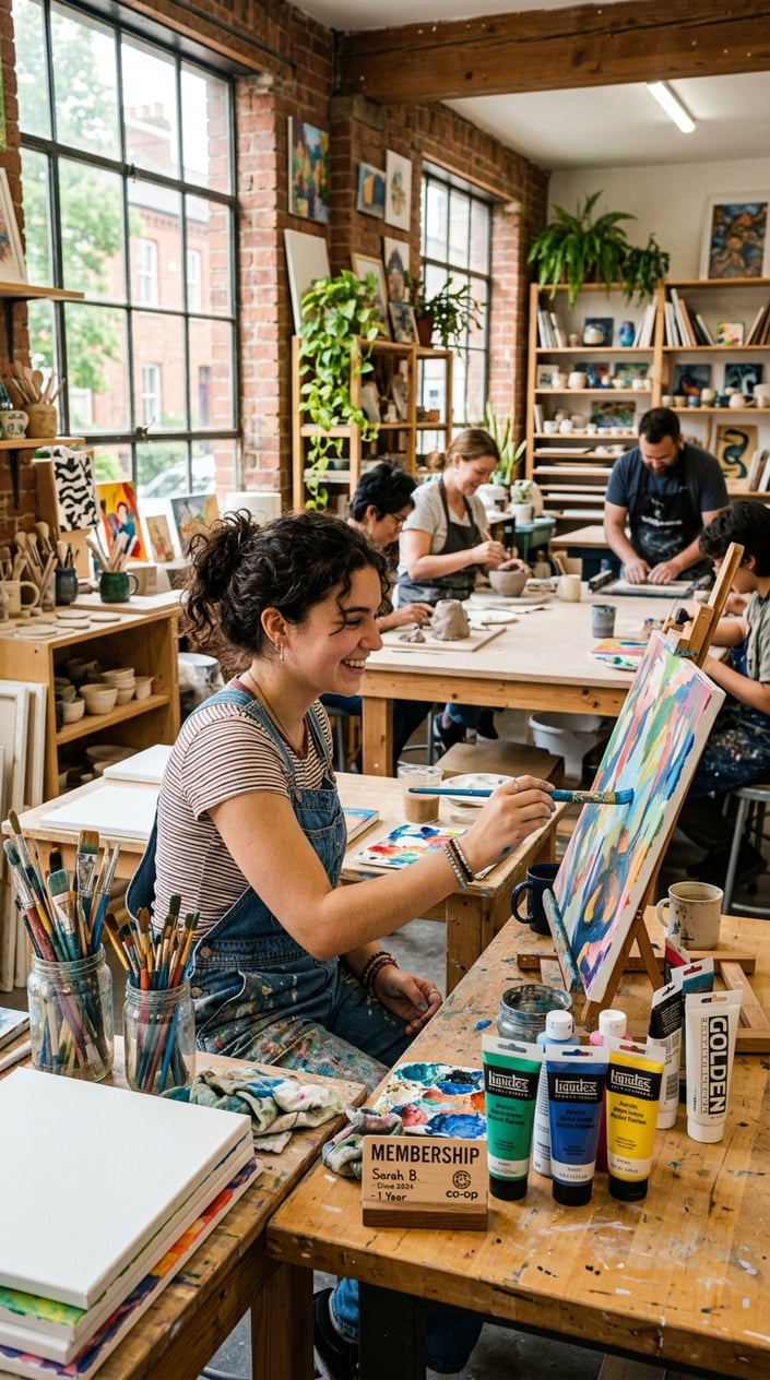 A young woman painting in a bright art studio surrounded by art supplies and other artists working nearby.