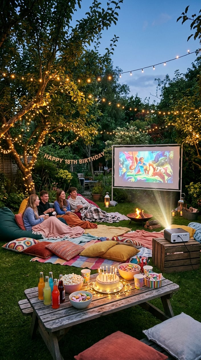 Backyard movie night setup with a projector, seating with cushions and blankets, string lights, and snacks arranged for an 18th birthday celebration at dusk.