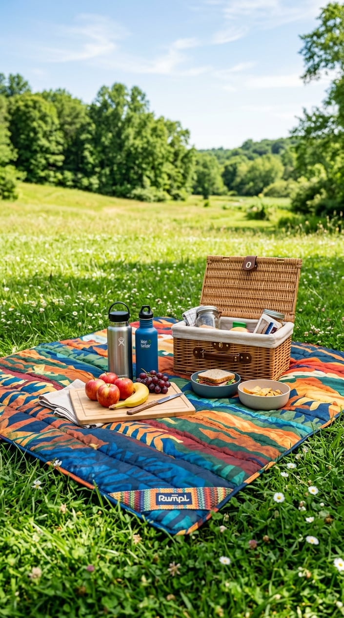 A picnic blanket spread on grass with picnic items like a basket, water bottles, and fruits in a sunny outdoor setting.