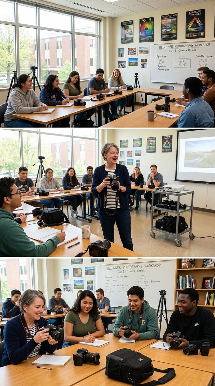 A group of young adults in a classroom attentively learning photography from an instructor holding a camera.