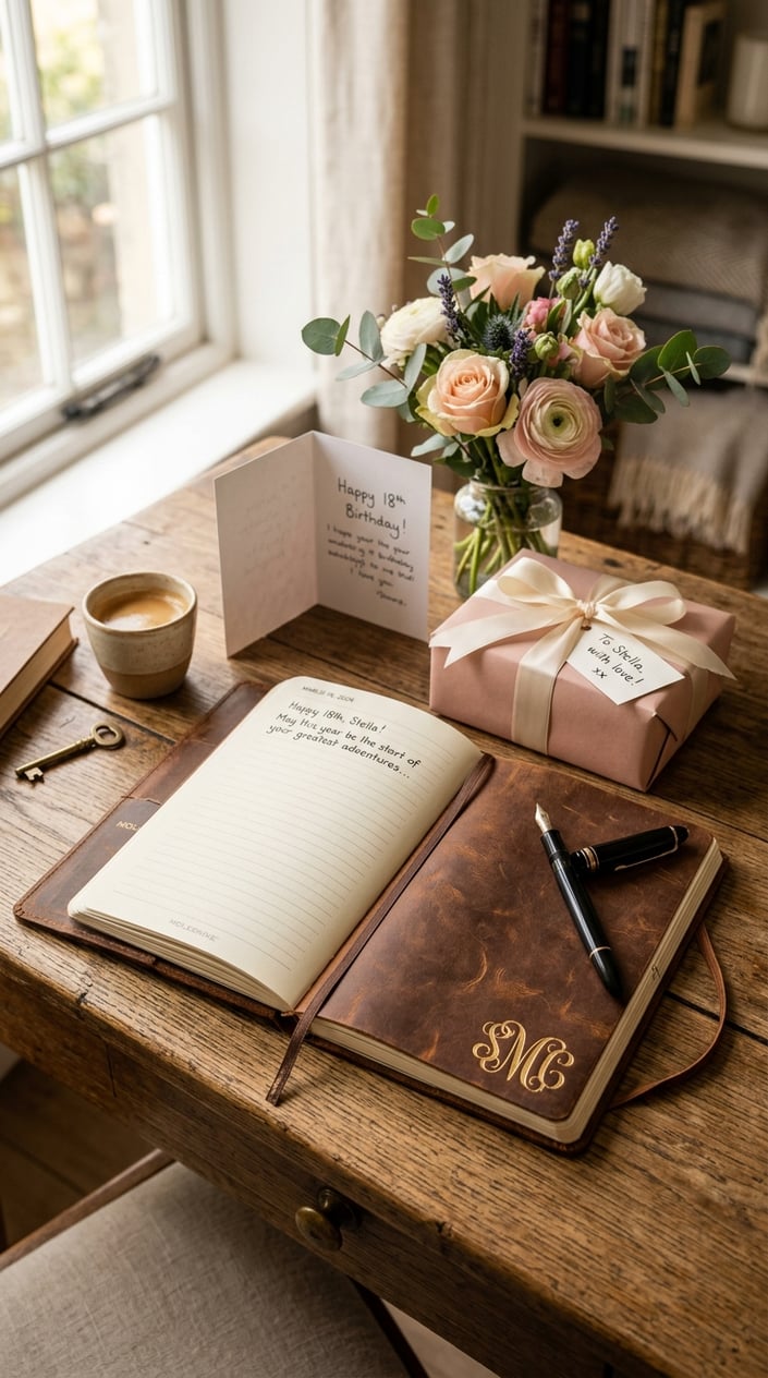 A monogrammed brown leather journal open on a wooden desk, surrounded by a wrapped gift box, flowers, and a fountain pen.
