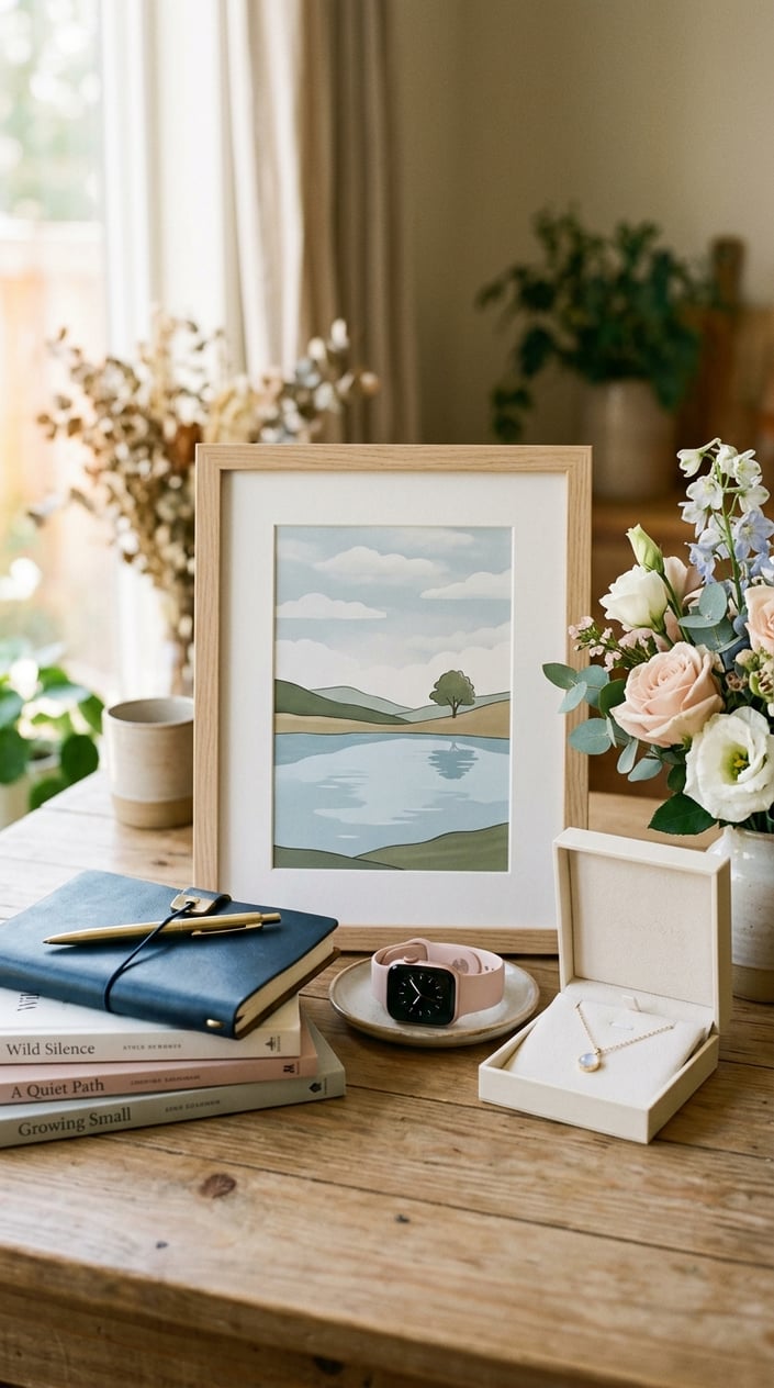 A peaceful still life scene with a framed artwork, jewelry box, books, journal, smartwatch, and flowers arranged on a wooden table with soft natural light.