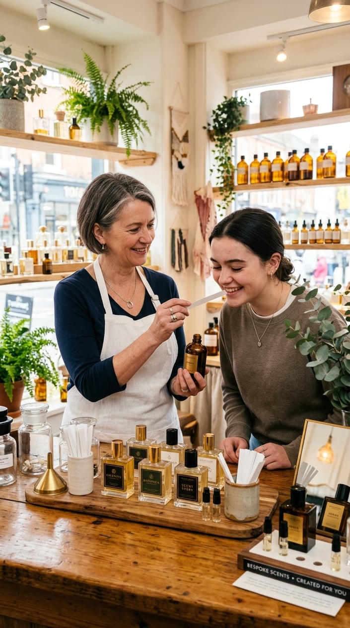 A local perfumer consulting a young woman in a boutique, showing her perfume bottles and scent samples on a wooden counter.