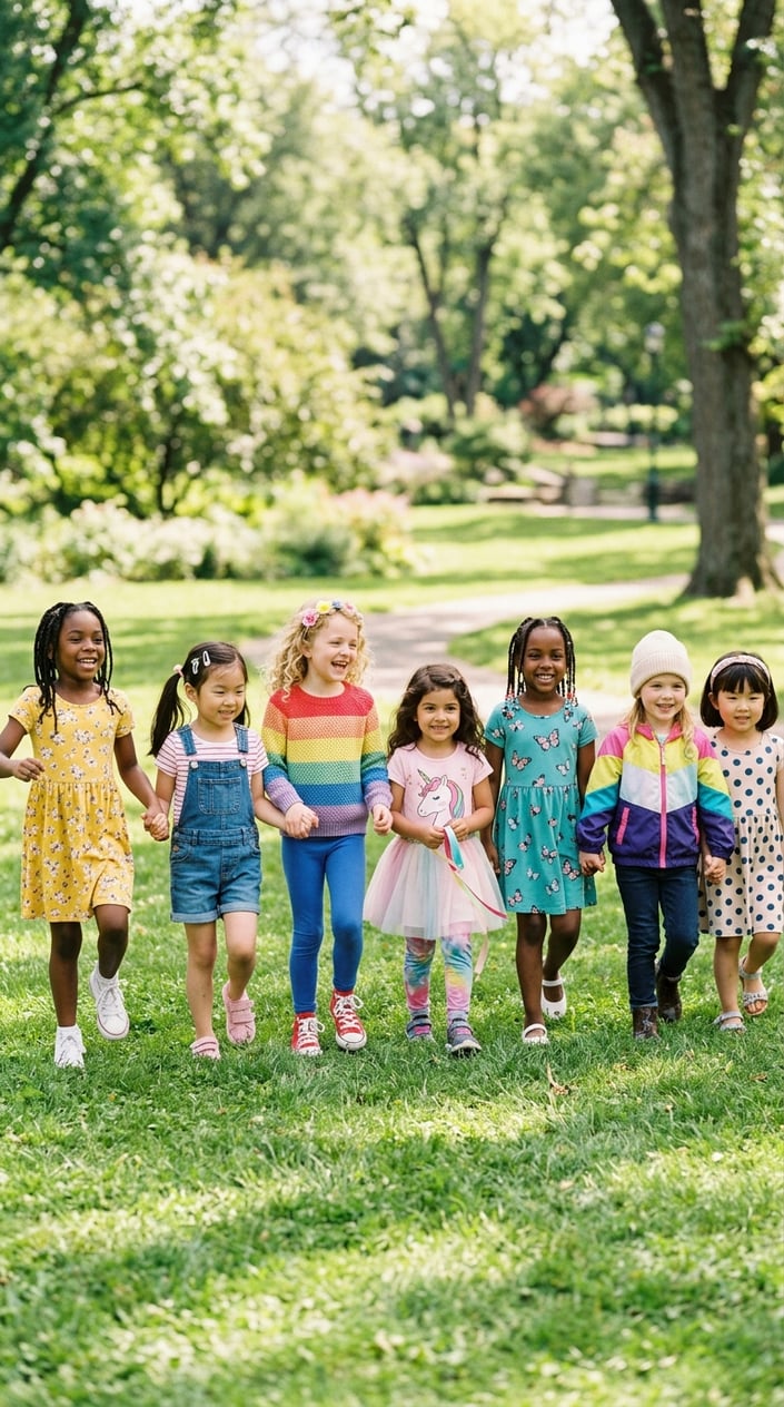 A group of young girls outdoors wearing different colorful outfits, playing and smiling in a park.