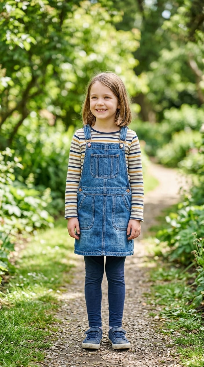 A young girl standing outdoors wearing a denim pinafore dress over a striped long-sleeve shirt.
