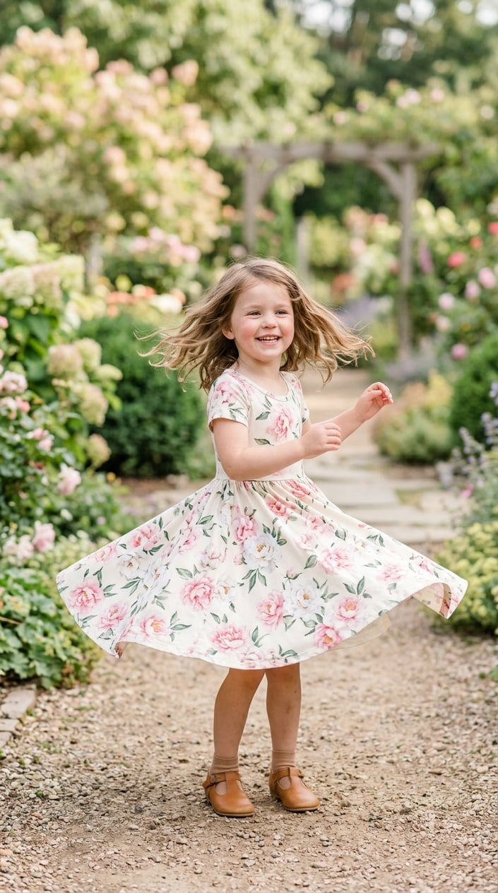 A young girl twirling outdoors in a floral dress with a joyful expression.