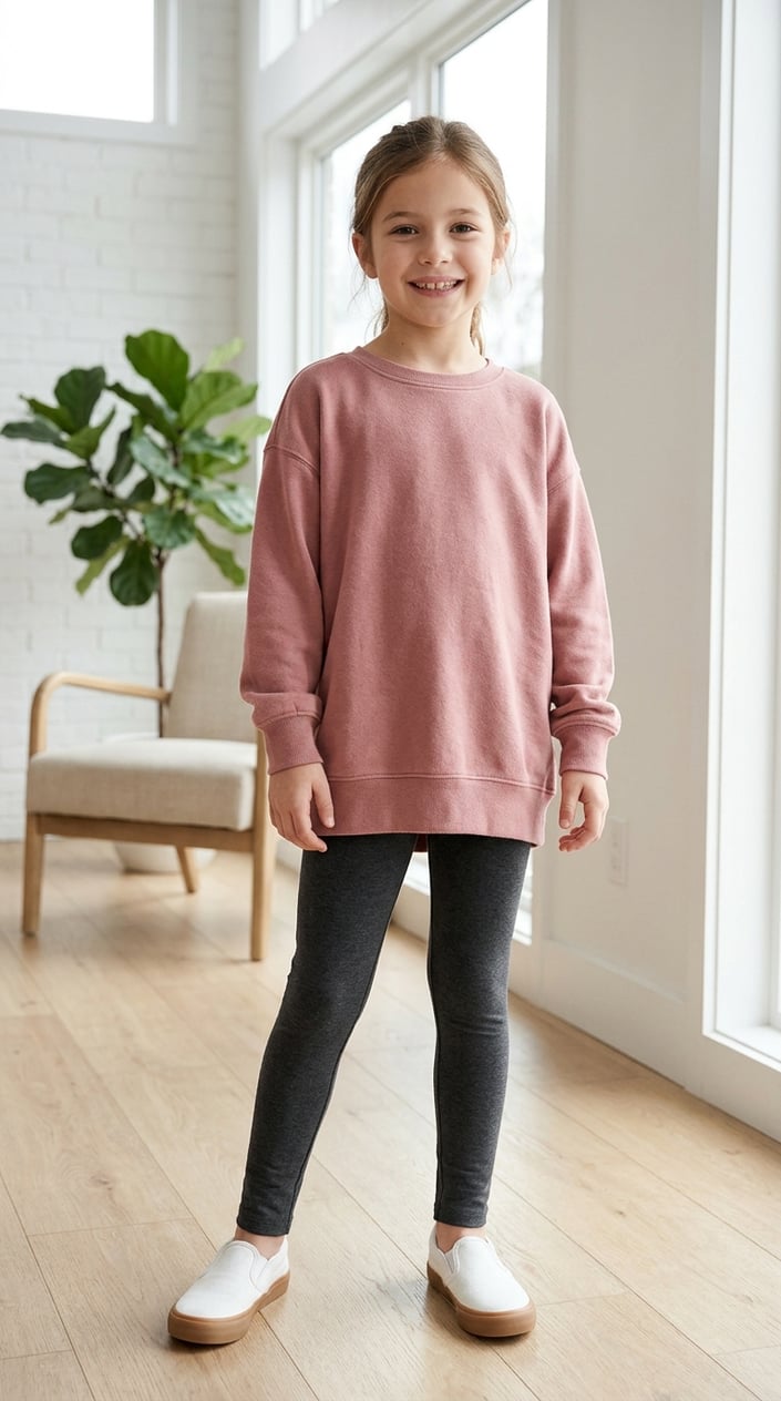 A young girl standing indoors wearing leggings and a tunic sweatshirt, smiling confidently.