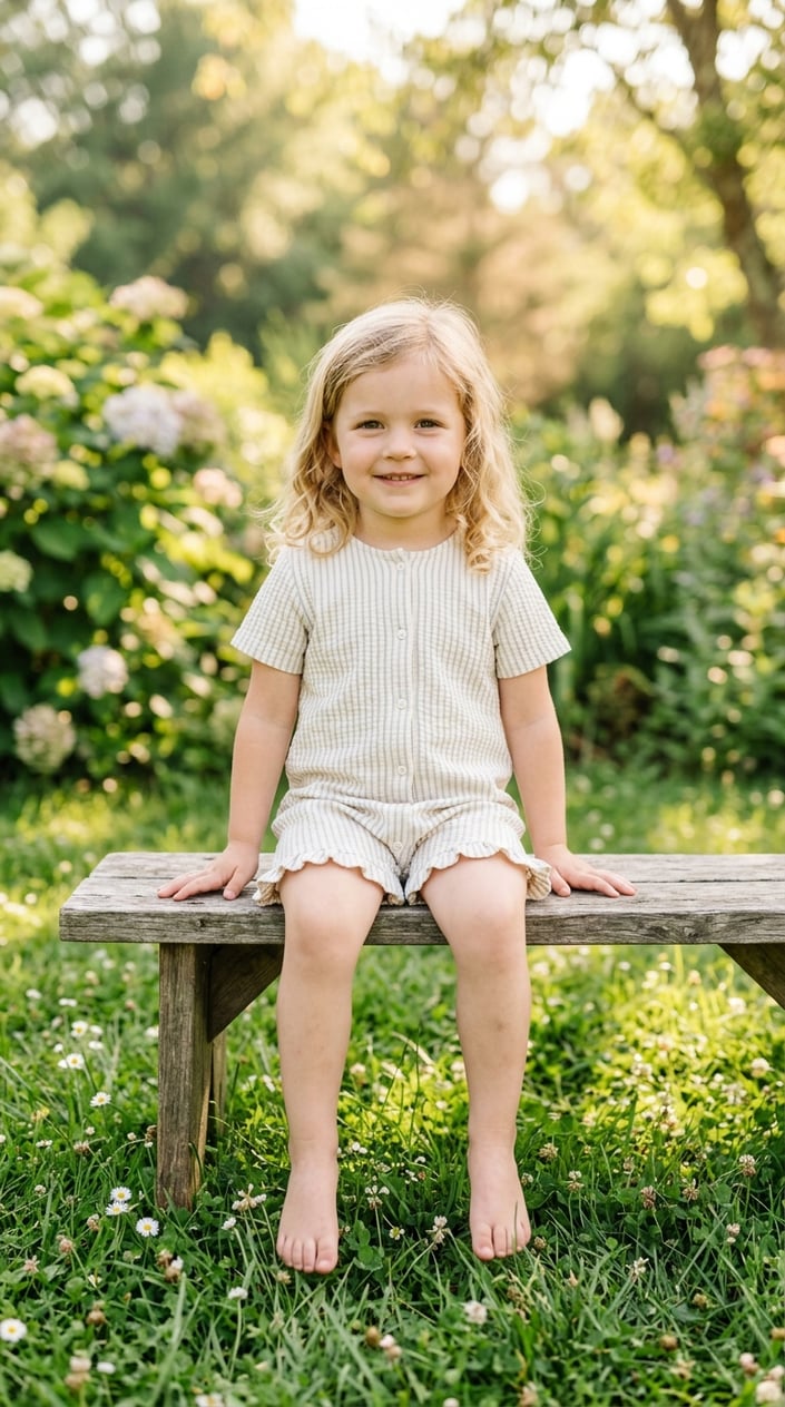 A young girl outdoors wearing a light-colored romper with snap buttons, smiling and sitting on a bench in a grassy area.