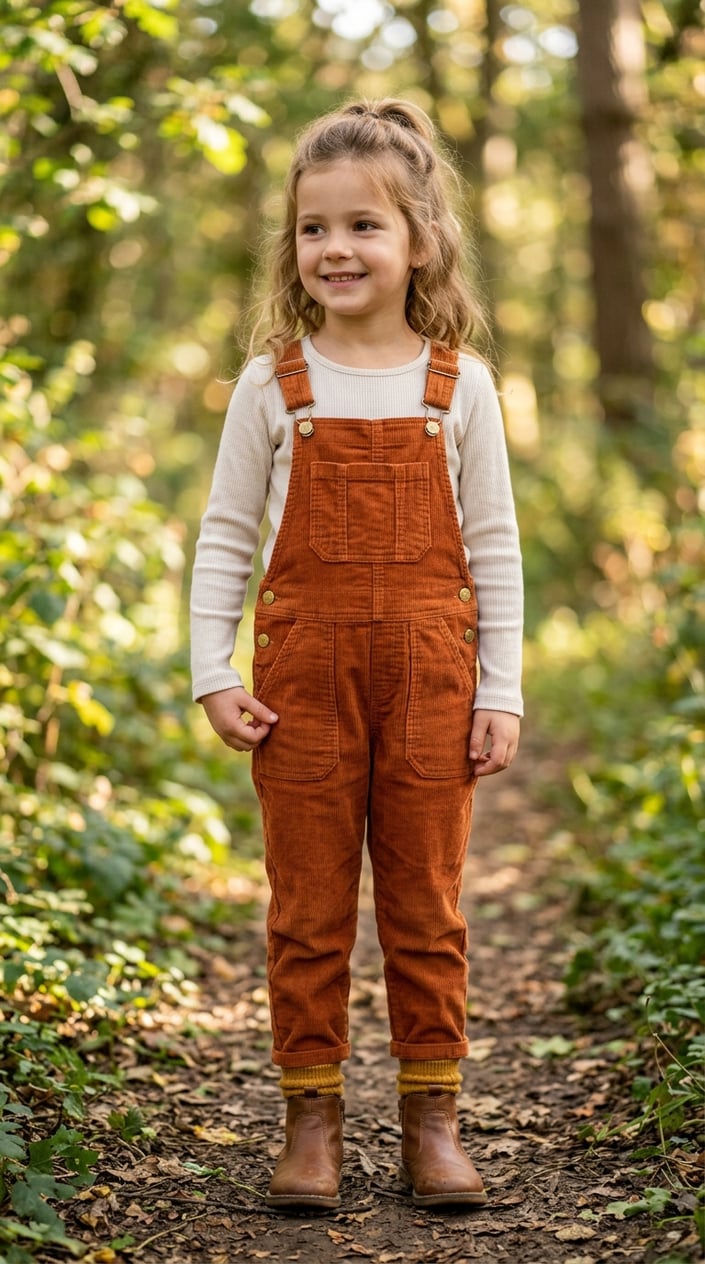 A young girl wearing corduroy dungarees with pockets, standing outdoors and smiling.