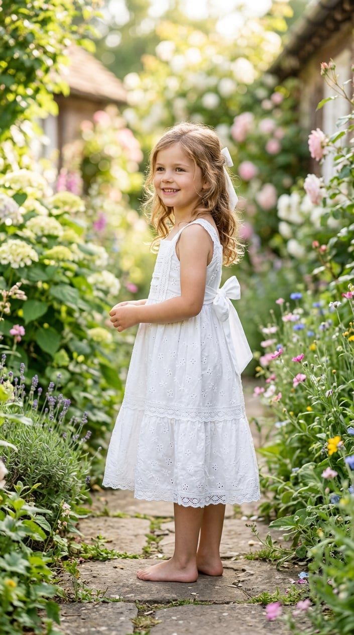 A young girl standing outdoors wearing a white eyelet cotton sundress with a bow on the back, smiling gently in a garden setting.
