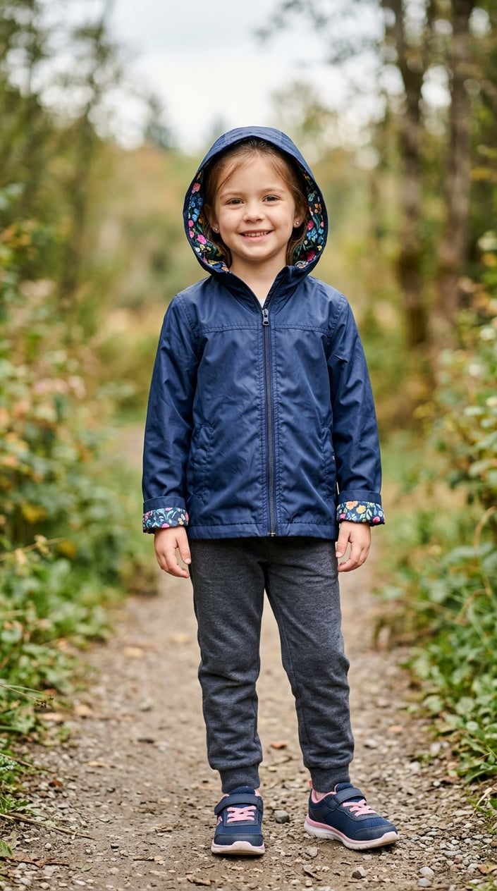 A young girl outdoors wearing a lightweight hooded windbreaker with a colorful floral lining, smiling gently.