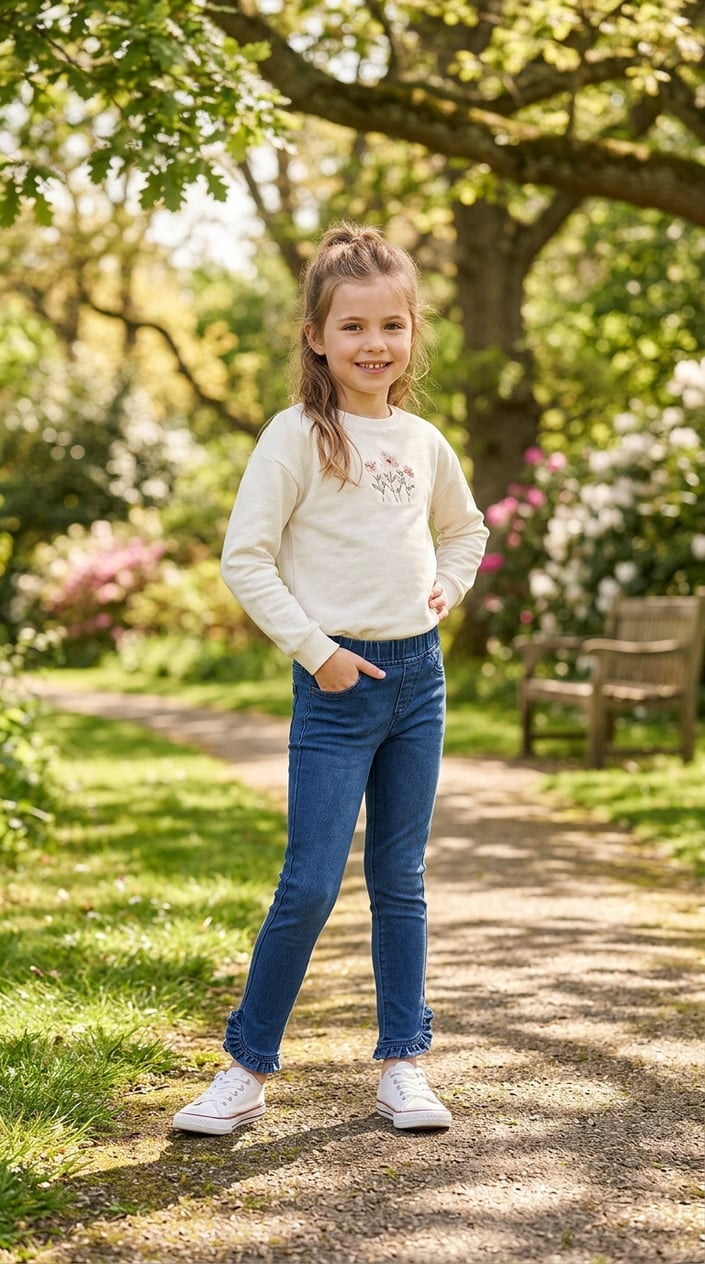A young girl standing outdoors wearing jeggings with an elastic waist and ruffle hem, smiling and posing in a park setting.