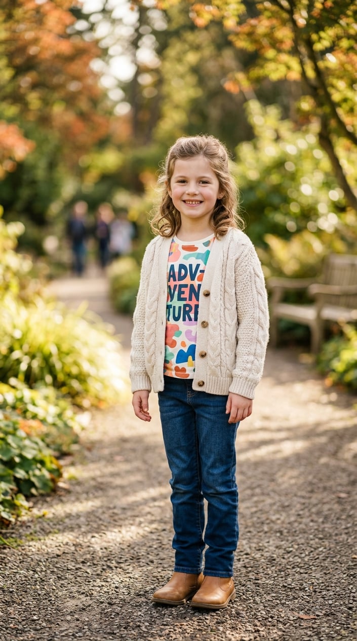 A young girl wearing a cable-knit cardigan over a graphic t-shirt standing outdoors and smiling.