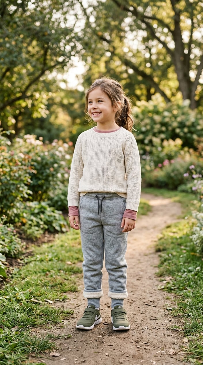 A young girl standing outdoors wearing fleece-lined joggers with ankle cuffs, smiling gently.