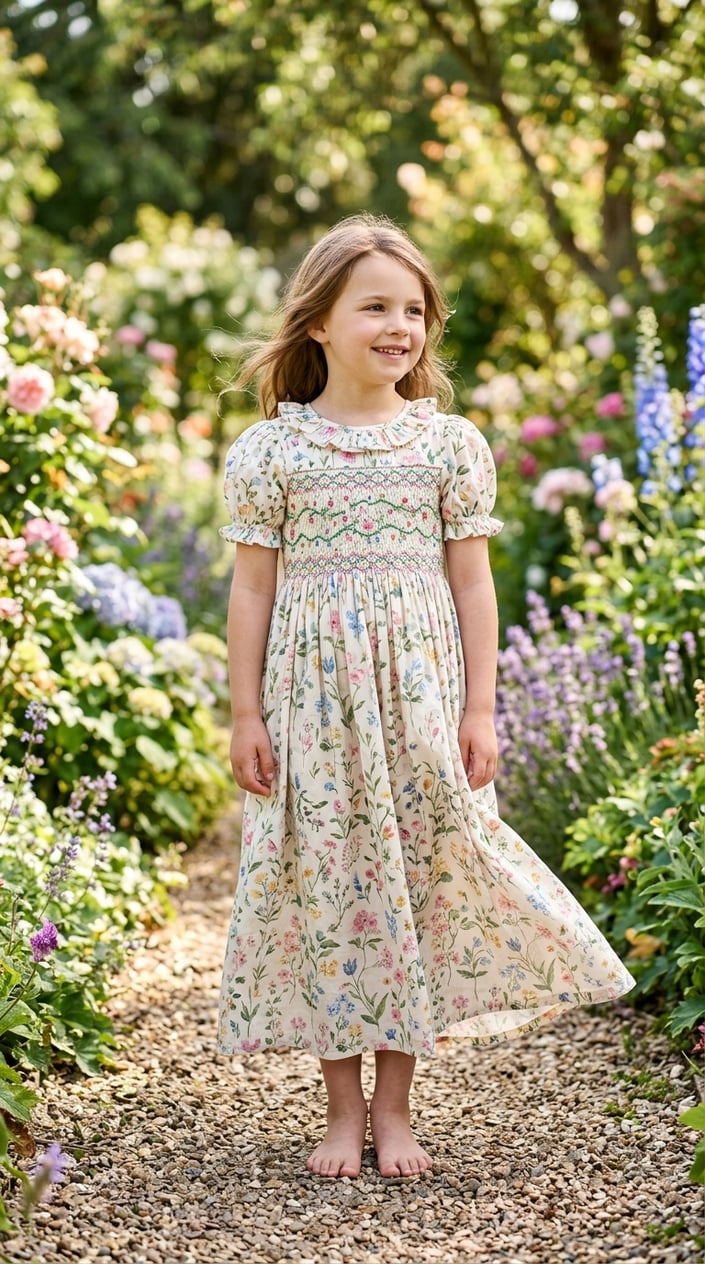 A young girl standing outdoors wearing a pastel floral maxi dress, surrounded by greenery and flowers.