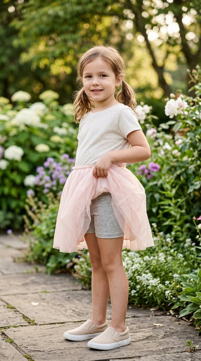 A young girl outdoors wearing a layered tulle skirt with a cotton undershort, smiling and gently lifting her skirt.