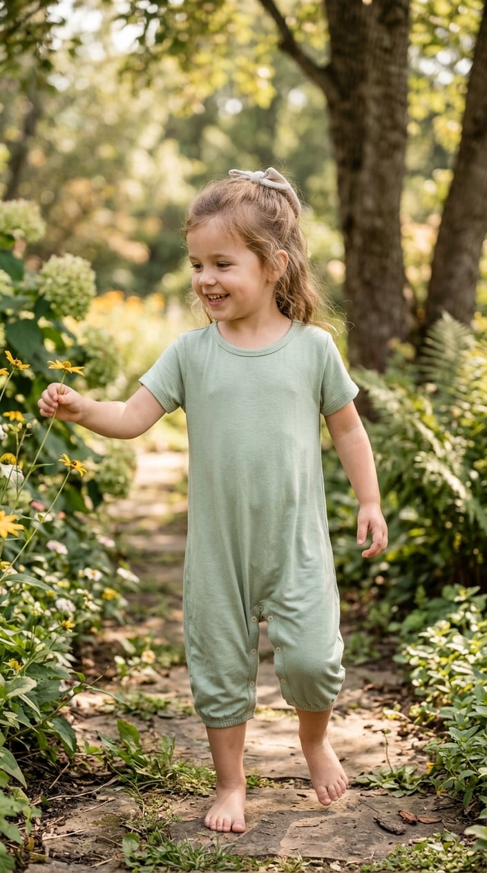 A young girl wearing a light-colored romper playing outdoors in a sunny green area.