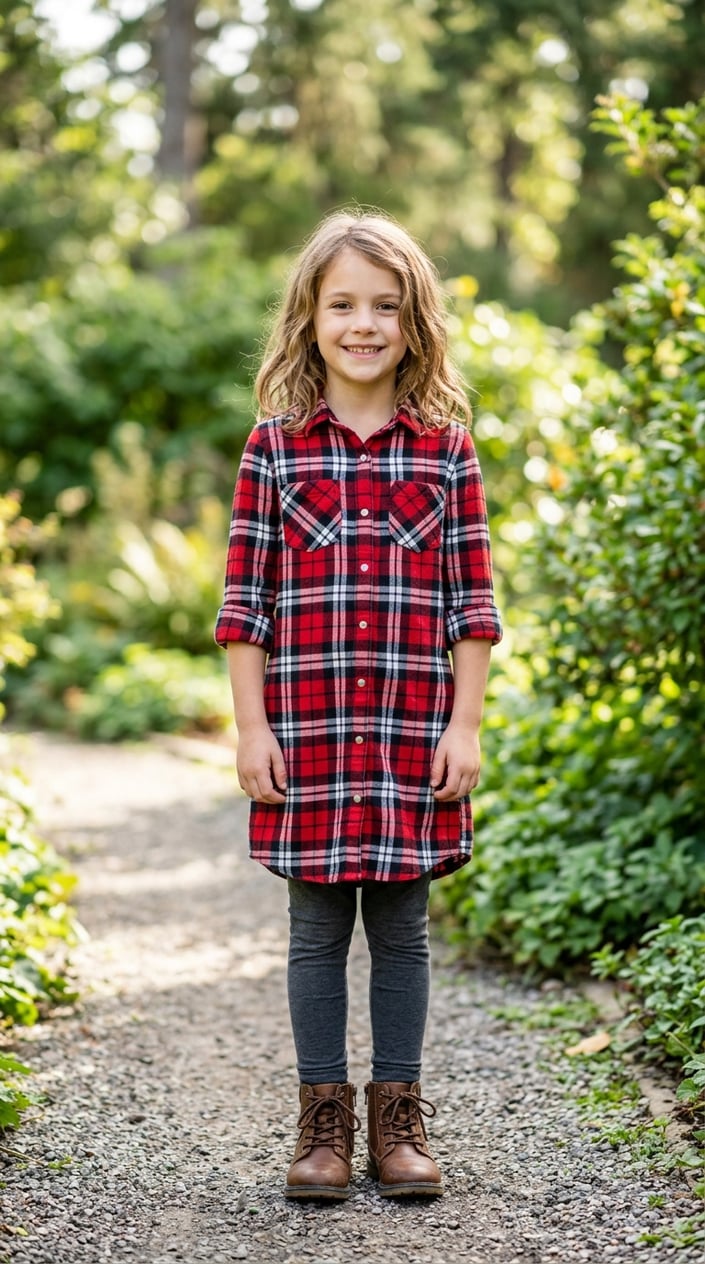 A young girl standing outdoors wearing a plaid shirt dress with snap buttons, smiling gently.