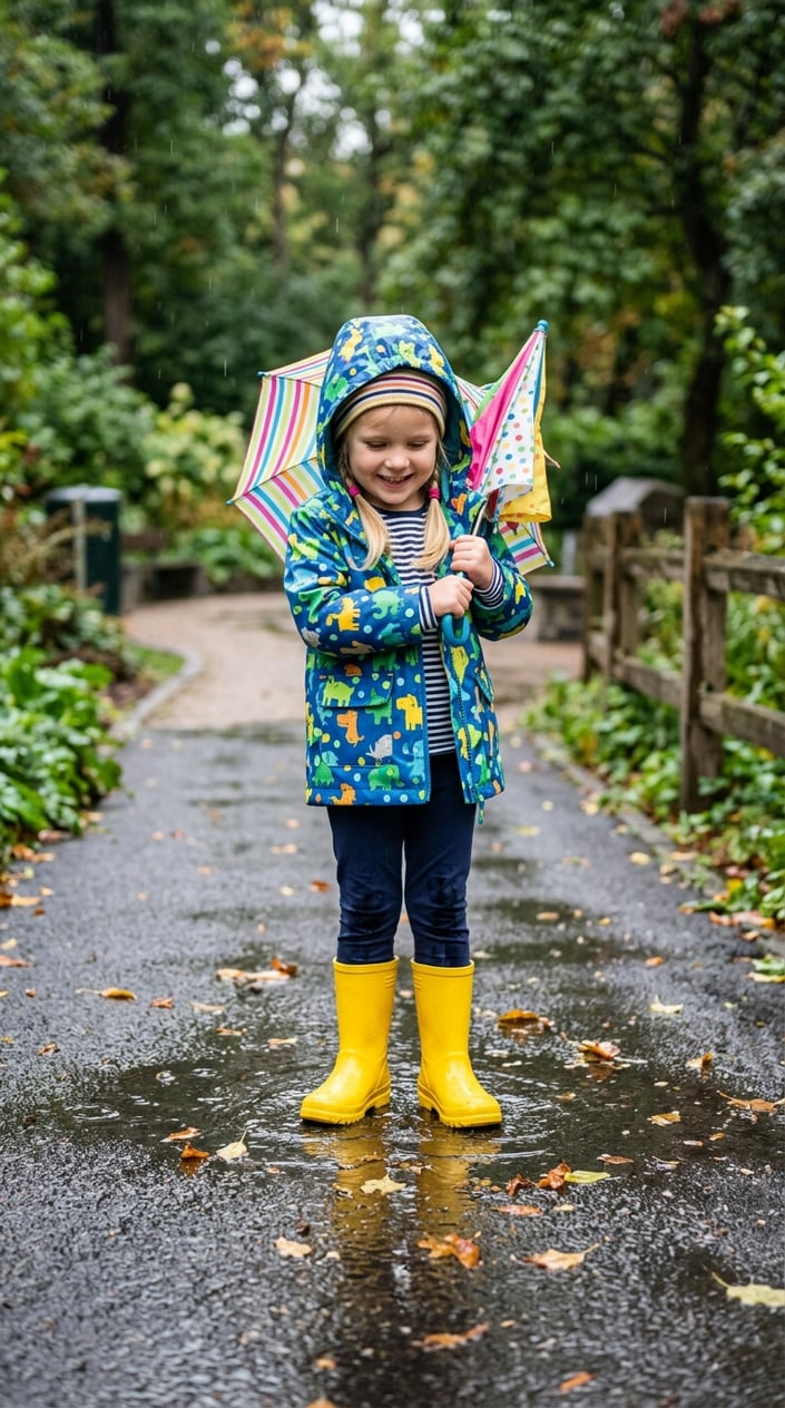 A young girl wearing bright yellow rain boots stands outdoors on a rainy day with puddles around her.