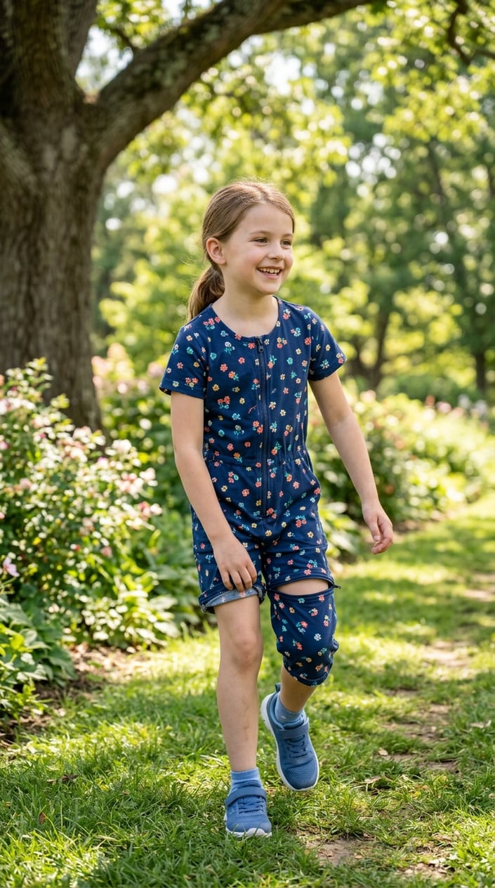 A young girl smiling and playing outdoors wearing a convertible zip romper that turns into shorts.