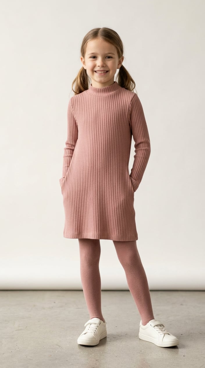 A young girl standing and smiling, wearing a ribbed mock-neck dress with built-in tights.