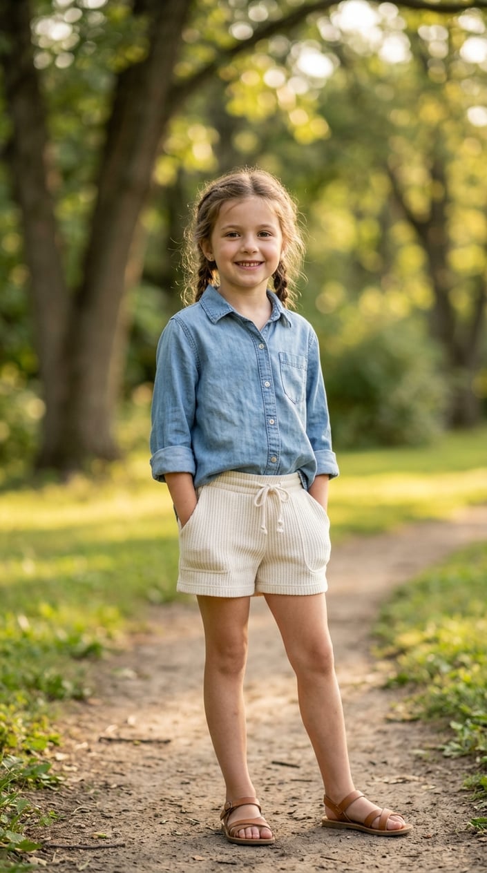 A young girl standing outdoors wearing a chambray shirt and knit shorts, smiling with greenery in the background.