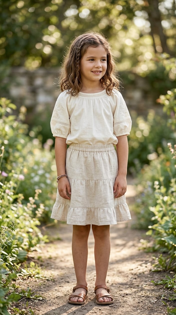 A young girl standing outdoors wearing a puff-sleeve blouse and elastic waist skirt, smiling with greenery in the background.