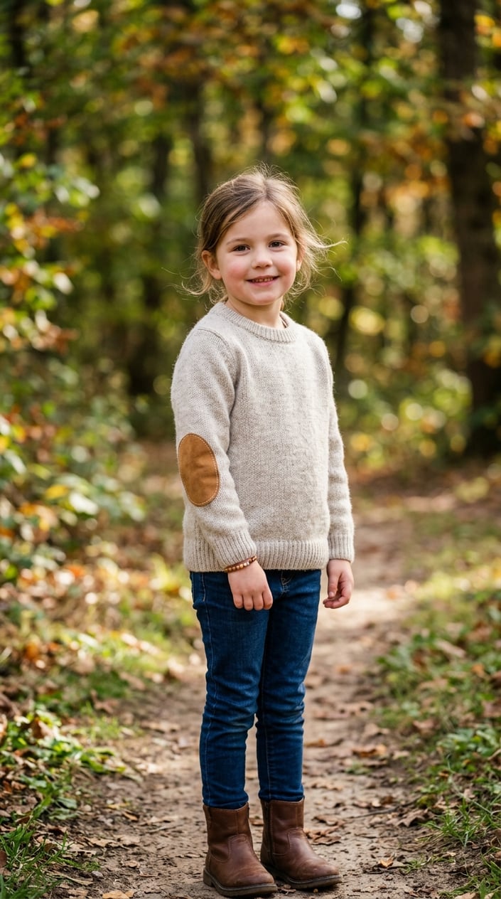 A young girl wearing a light-colored merino wool sweater with reinforced elbows standing outdoors with greenery in the background.