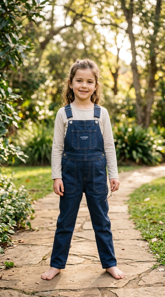 A young girl standing outdoors wearing adjustable strap overalls and a light shirt, smiling gently with a blurred green background.