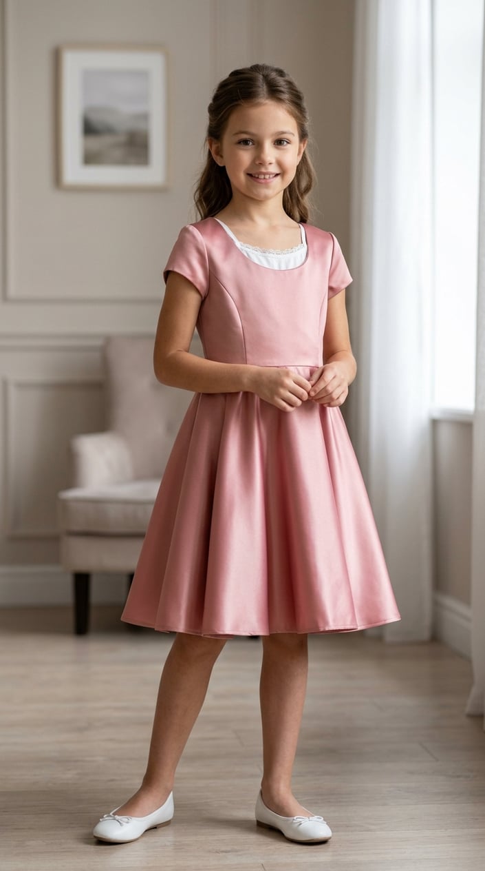 A young girl standing indoors wearing a shiny satin party dress with an attached camisole, smiling confidently.