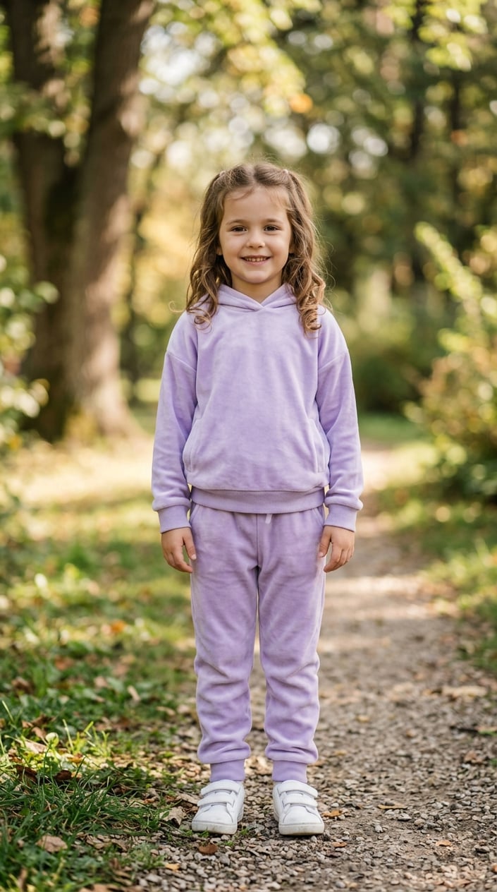 A young girl wearing a velour hoodie and matching jogger set stands outdoors smiling.