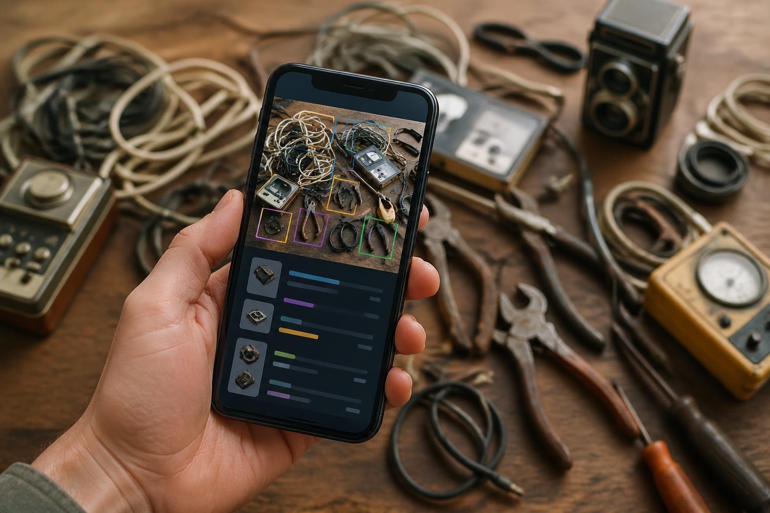 A hand holding an iPhone scanning old cables, tools, and gadgets on a wooden table.