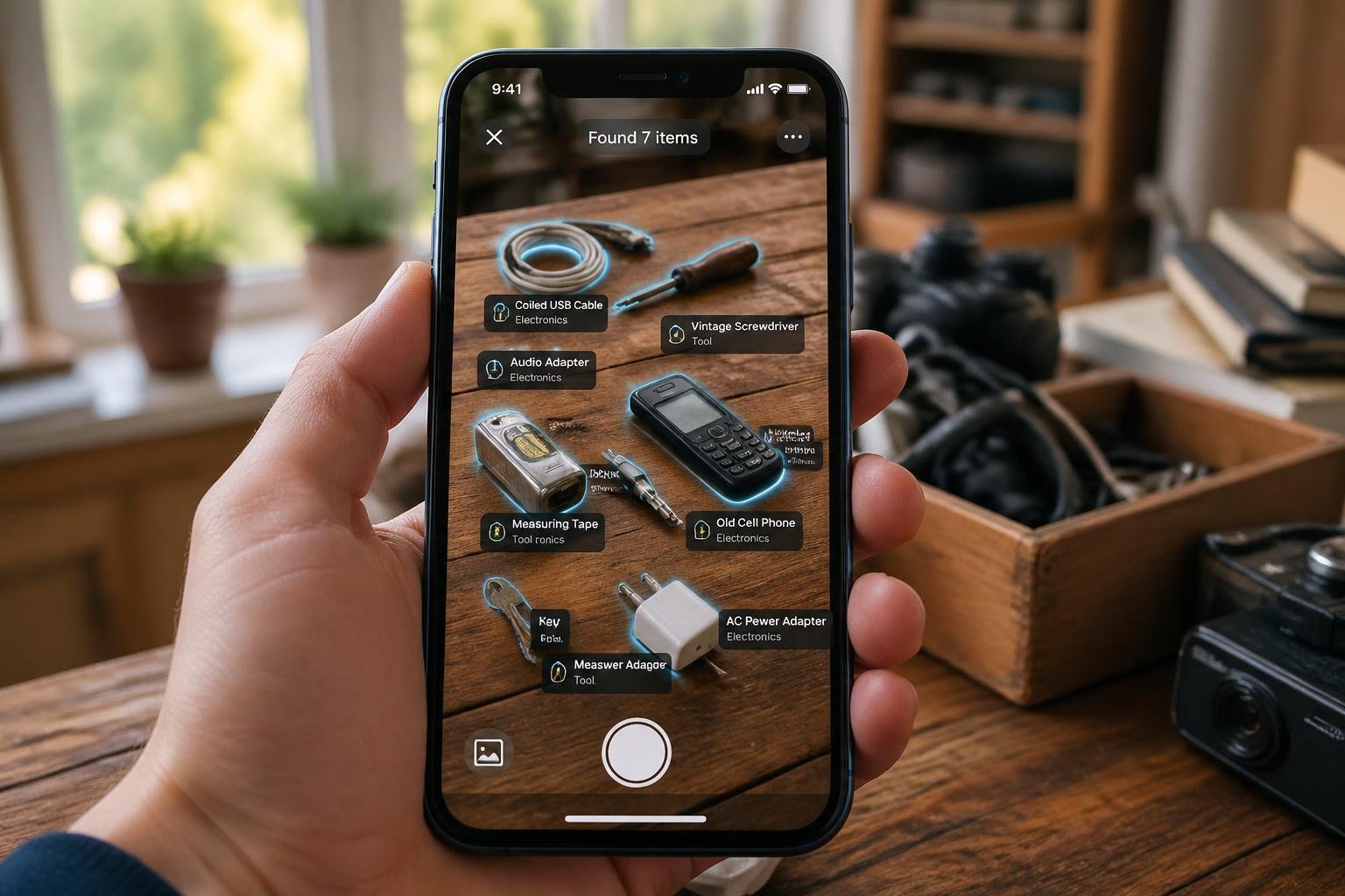 A person holding an iPhone with the camera app open, identifying old cables, tools, and gadgets on a wooden table.